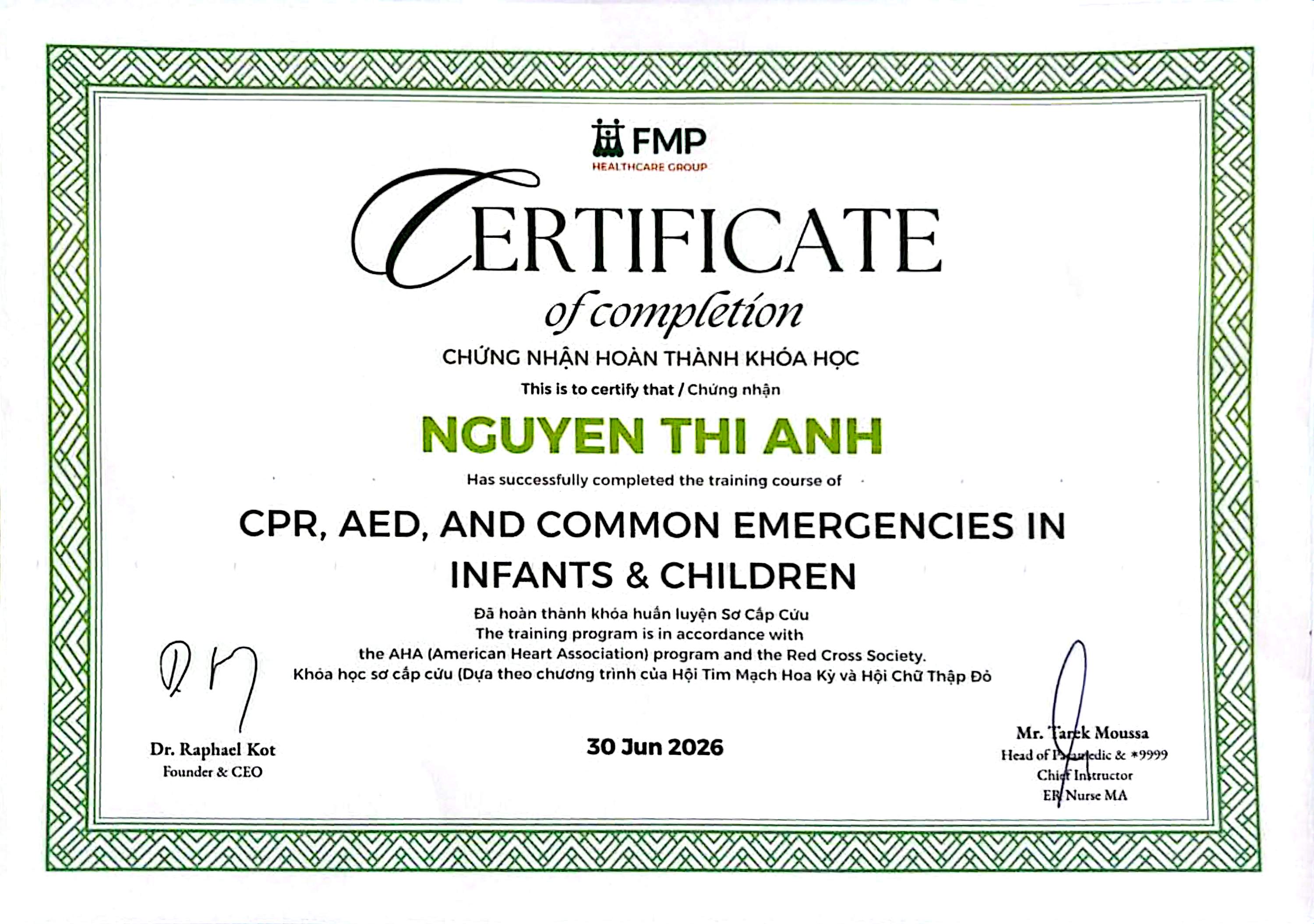 Lead babysitter Anh Nguyen - Professional Certification