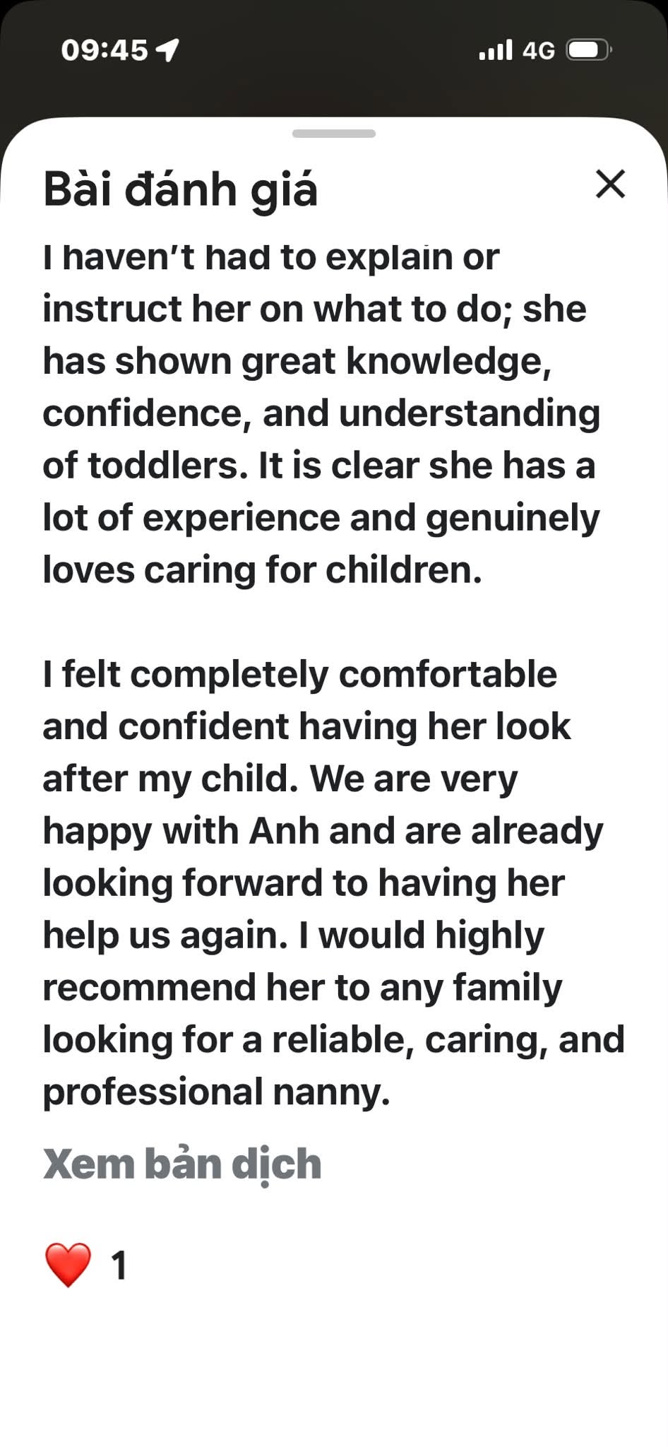 Client review and feedback for babysitter Anh Nguyen in Vietnam - Highly recommend Anh! She was wonderful, kind, and extremely experienced with my 18-month-old. She even brought toys and activities to keep my child engaged. - Bek M. - Image 2