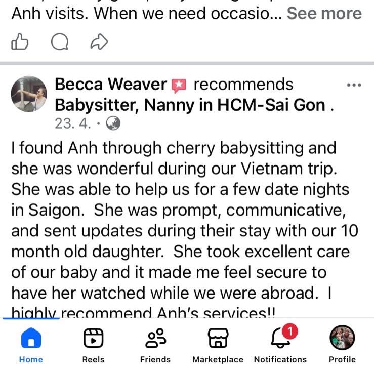 Client review and feedback for babysitter Anh Nguyen in Vietnam - Thankful for the excellent care and trust! It's always a pleasure providing a safe and joyful environment for the kids. - Image 1