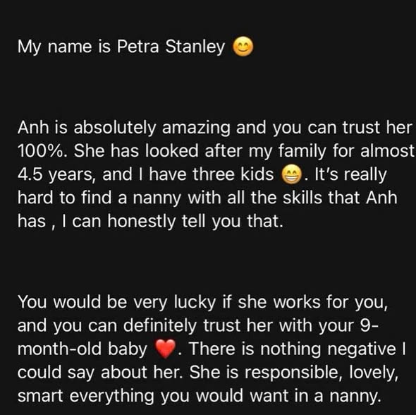 Client review and feedback for babysitter Anh Nguyen in Vietnam - Another happy family sharing their positive feedback and peace of mind using our dedicated babysitting services. - Image 1