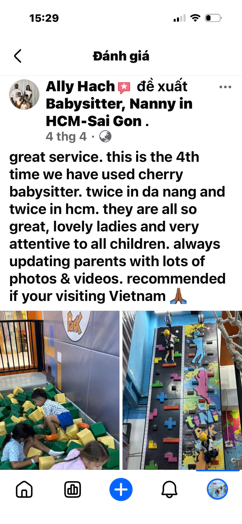 Client review and feedback for babysitter Anh Nguyen in Vietnam - Amazing feedback from Ally Hach's family after trusting Cherry's babysitter services 4 times across Da Nang and Ho Chi Minh City, especially impressed by the attentive care.