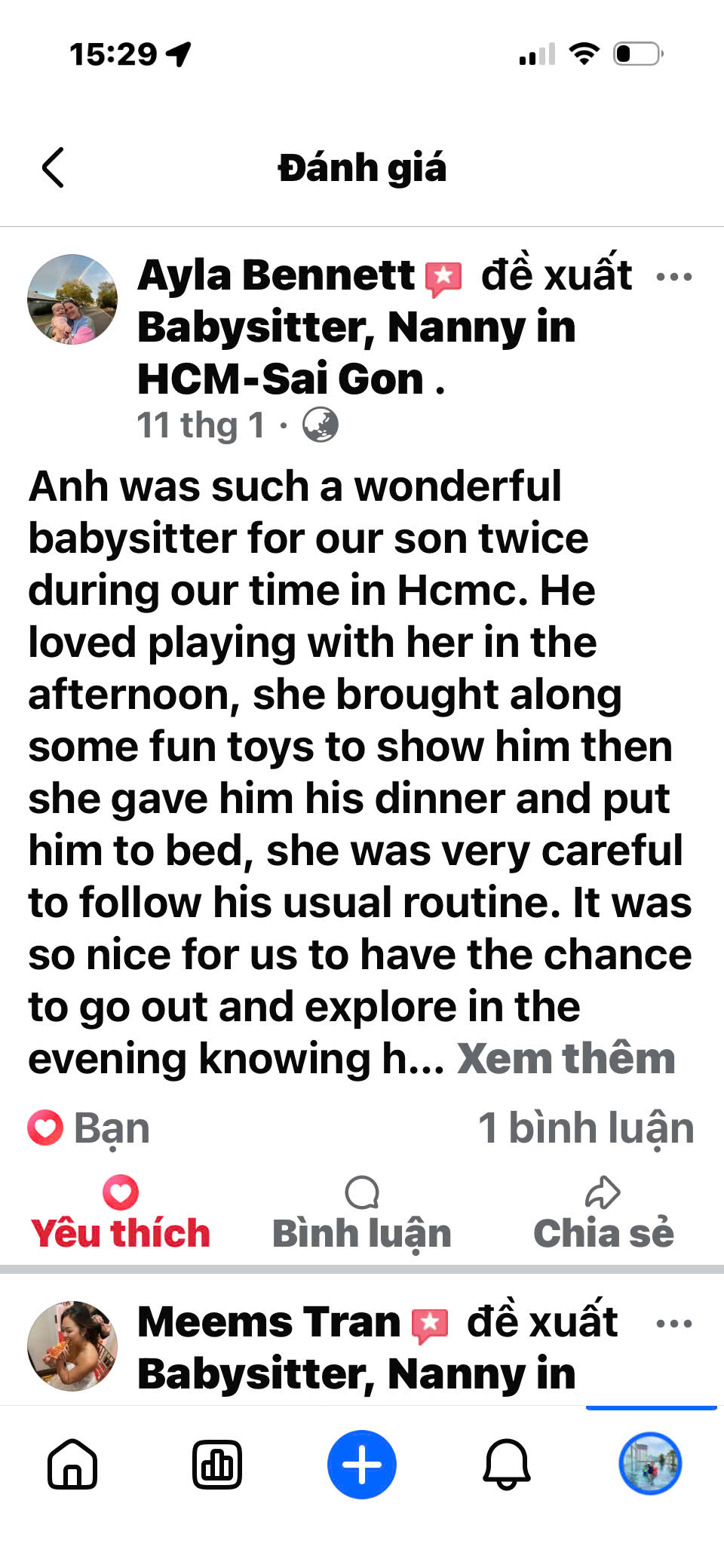Client review and feedback for babysitter Anh Nguyen in Vietnam - Ayla Bennett's family completely enjoyed their evening exploring Ho Chi Minh City thanks to our professional nanny and childcare support.