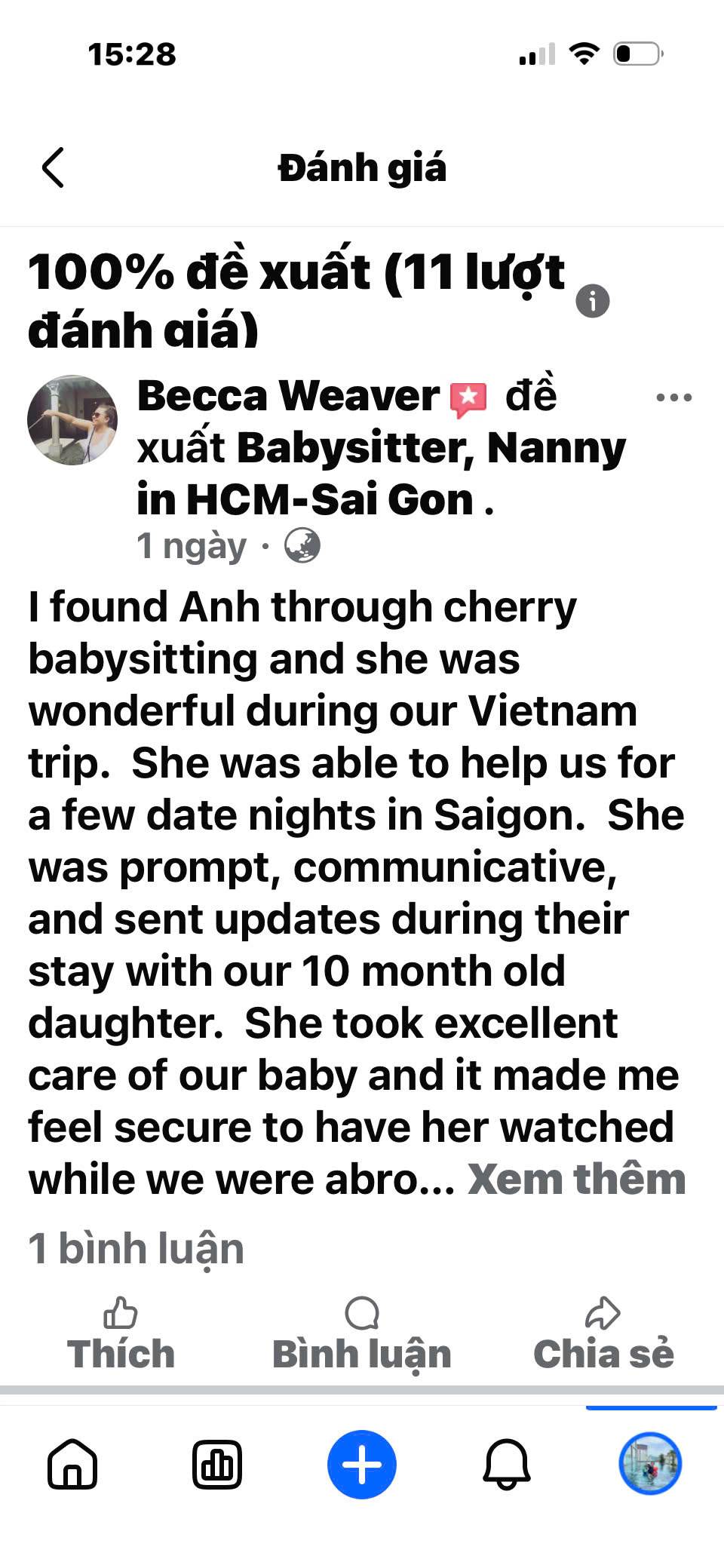 Client review and feedback for babysitter Anh Nguyen in Vietnam - Authentic review from Becca Weaver's family regarding nanny Anh's professional childcare services, giving parents absolute peace of mind for date nights in Ho Chi Minh City.