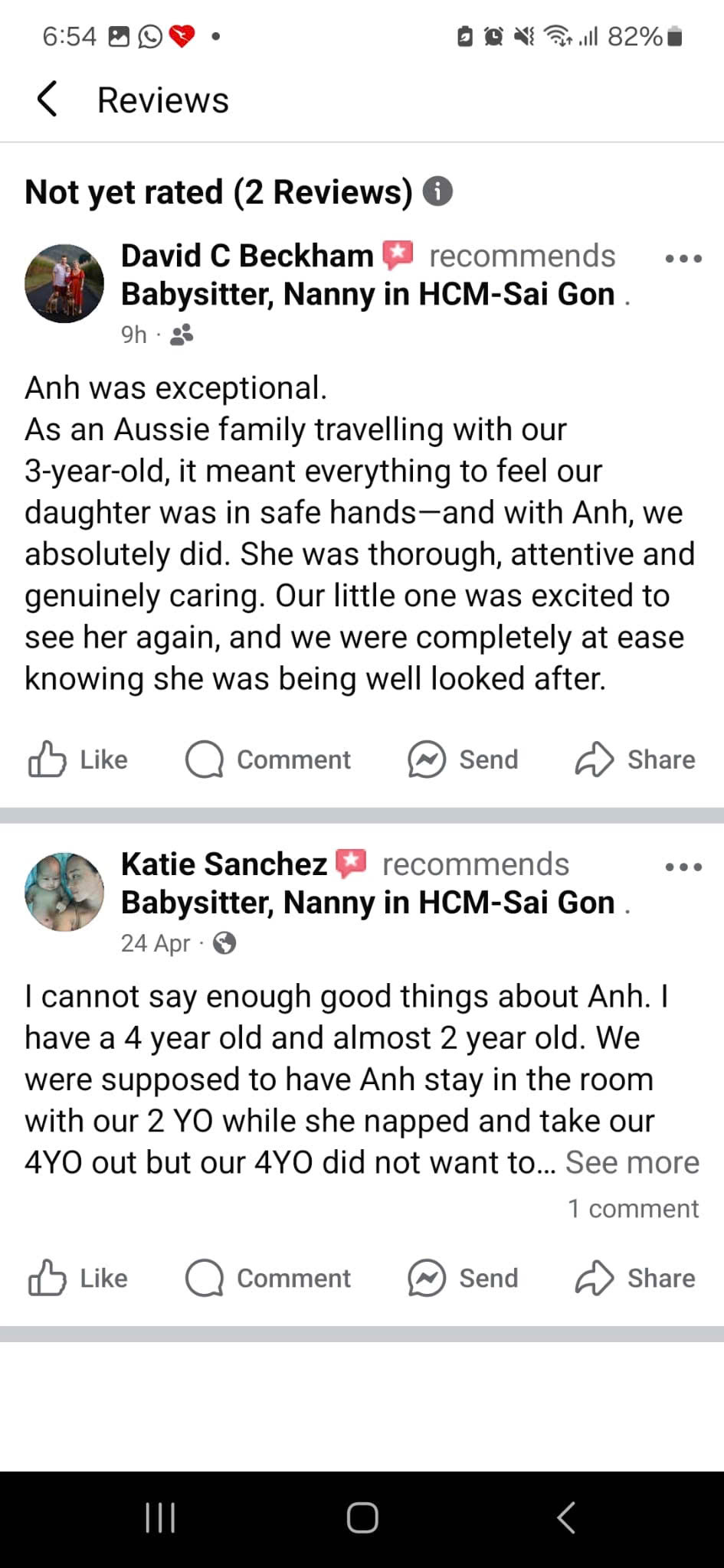 Client review and feedback for babysitter Anh Nguyen in Vietnam - Wonderful feedback from an Aussie family, David C Beckham, expressing complete trust in nanny Anh's attentive babysitting for their 3-year-old in Ho Chi Minh City.