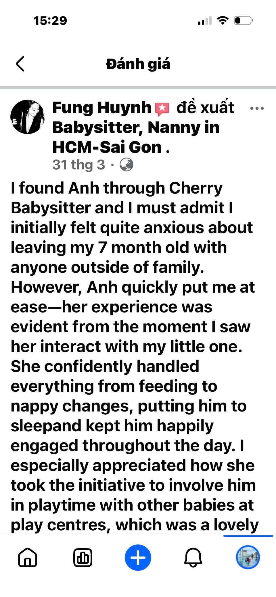 Client review and feedback for babysitter Anh Nguyen in Vietnam - Genuine feedback from Fung Huynh about babysitter Anh's excellent feeding and diaper-changing skills for their 7-month-old baby in Ho Chi Minh City.