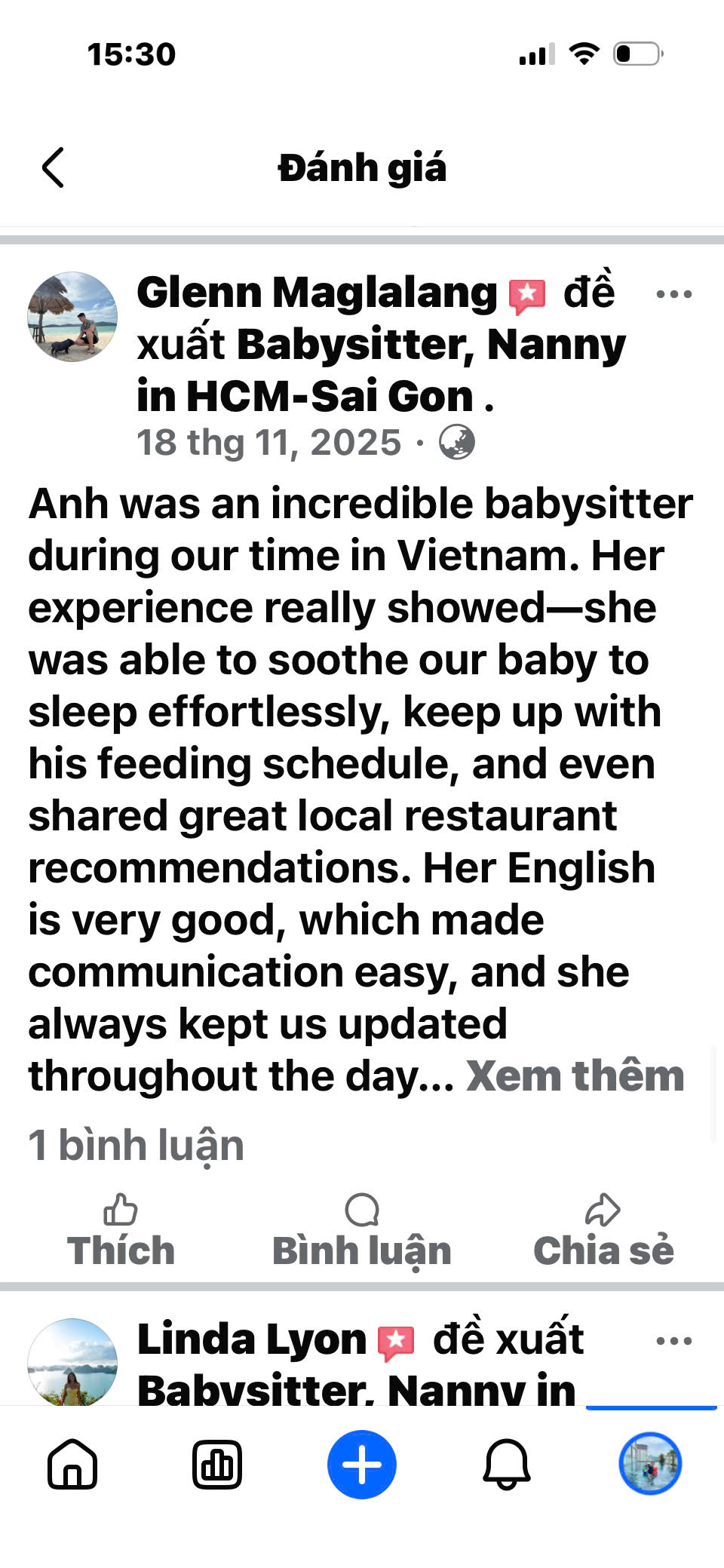 Client review and feedback for babysitter Anh Nguyen in Vietnam - Detailed review from Glenn Maglalang highlighting nanny Anh's effortless sleep soothing skills and dedicated babysitting service during their trip to Ho Chi Minh City.