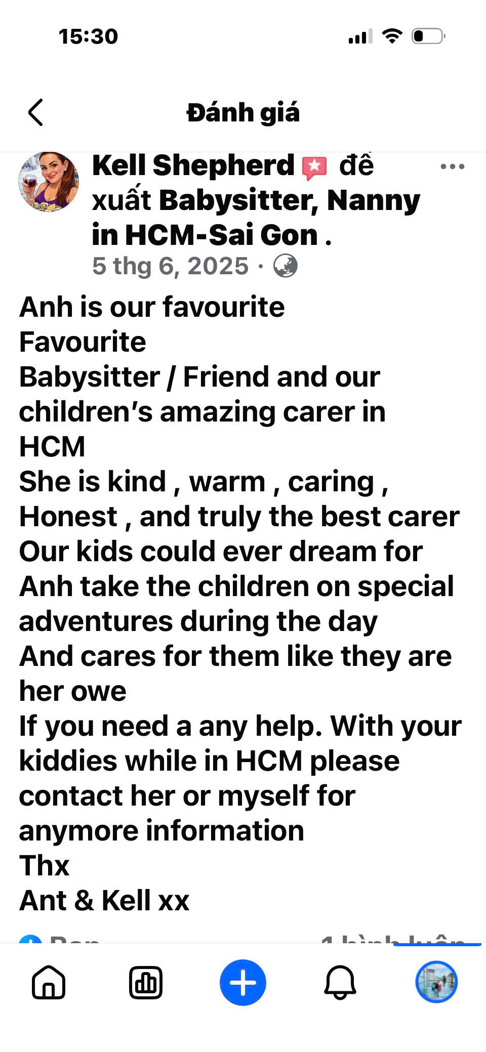 Client review and feedback for babysitter Anh Nguyen in Vietnam - Sweet compliments from Kell Shepherd's family for babysitter Anh after fun activities and exploring with the kids in Ho Chi Minh City.