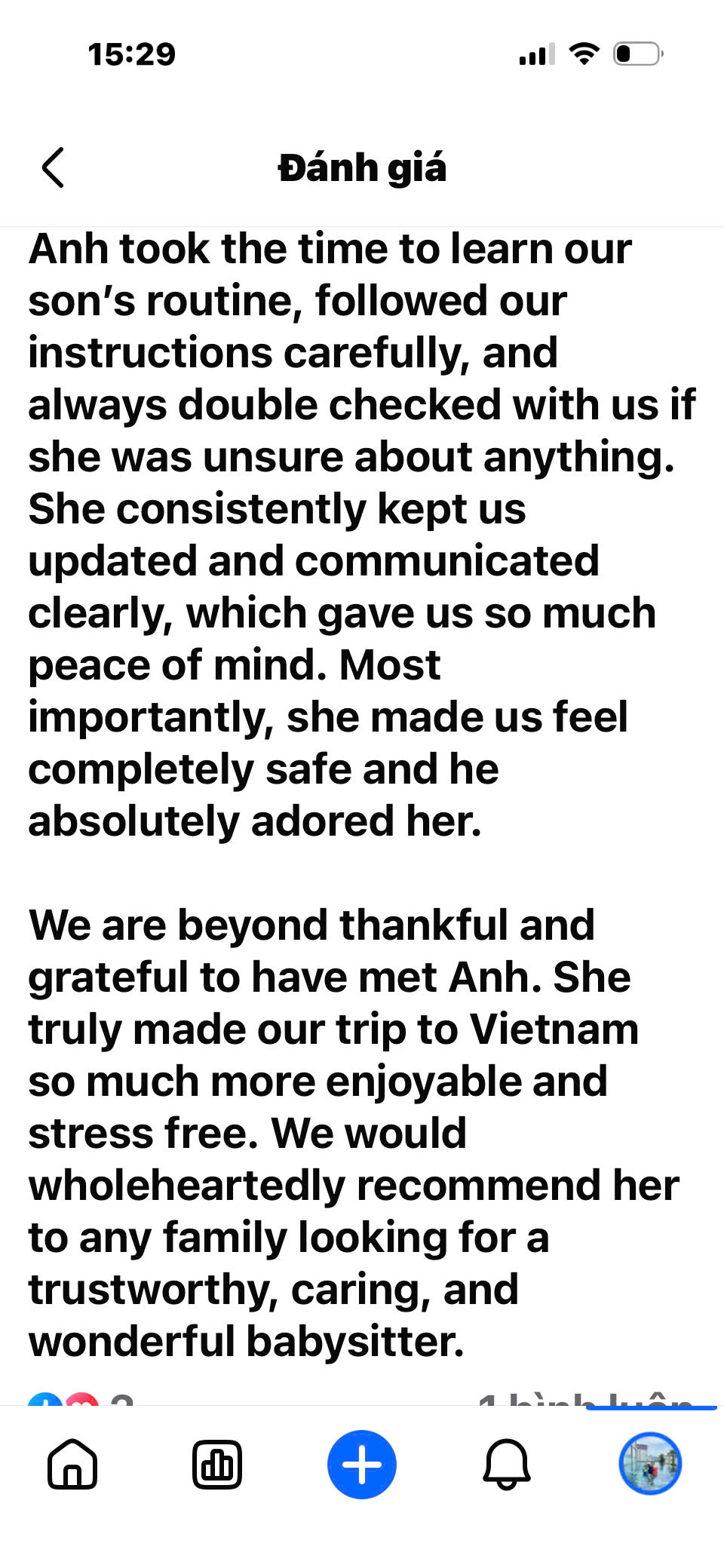 Client review and feedback for babysitter Anh Nguyen in Vietnam - Positive feedback from a tourist family about the safety and reliability of our attentive nanny and childcare services in Ho Chi Minh City.