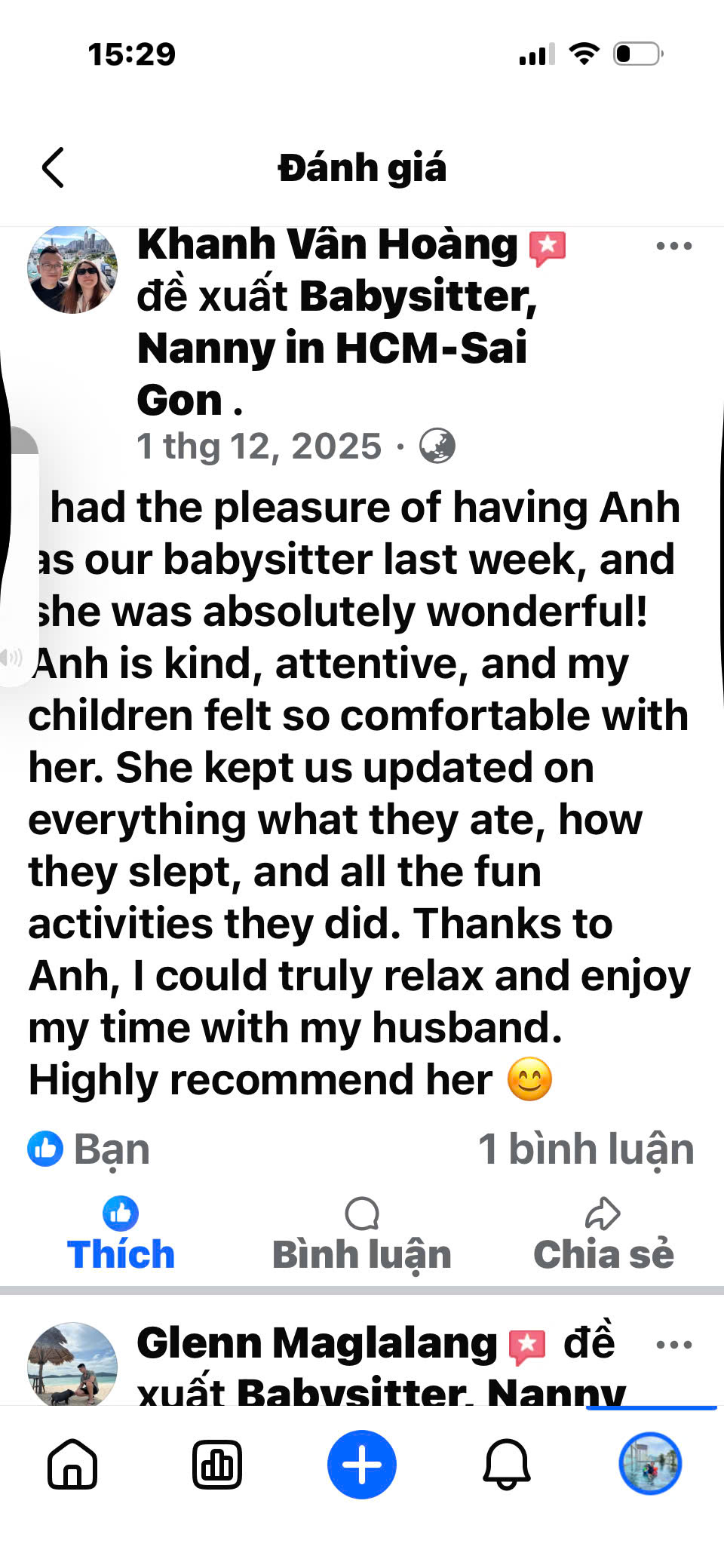 Client review and feedback for babysitter Anh Nguyen in Vietnam - A thank you note from Khanh Van Hoang's family, as nanny Anh's dedicated babysitting allowed the parents to enjoy some private, worry-free time in Ho Chi Minh City.