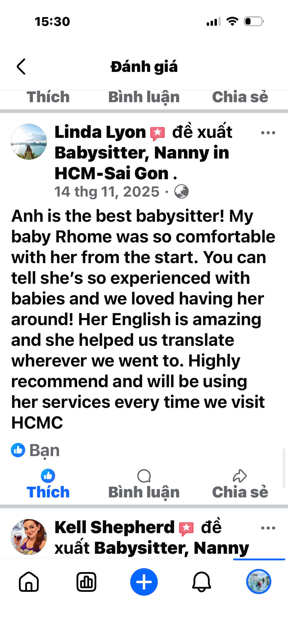 Client review and feedback for babysitter Anh Nguyen in Vietnam - Linda Lyon's family highly rates babysitter Anh's English skills and childcare experience while assisting their family in Ho Chi Minh City.