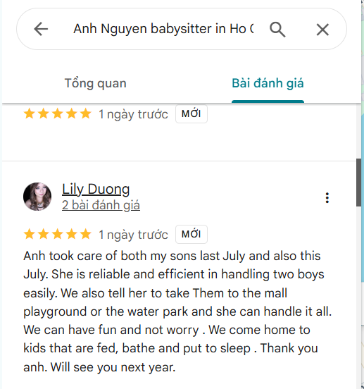 Client review and feedback for babysitter Anh Nguyen in Vietnam - "Peace of mind" - The reassurance of parents is the greatest gift for nanny Anh. Thank you to the family for always trusting and choosing our professional childcare services during your holiday in Vietnam! #CustomerReview #TrustedNanny #BabysitterVietnam - Image 1