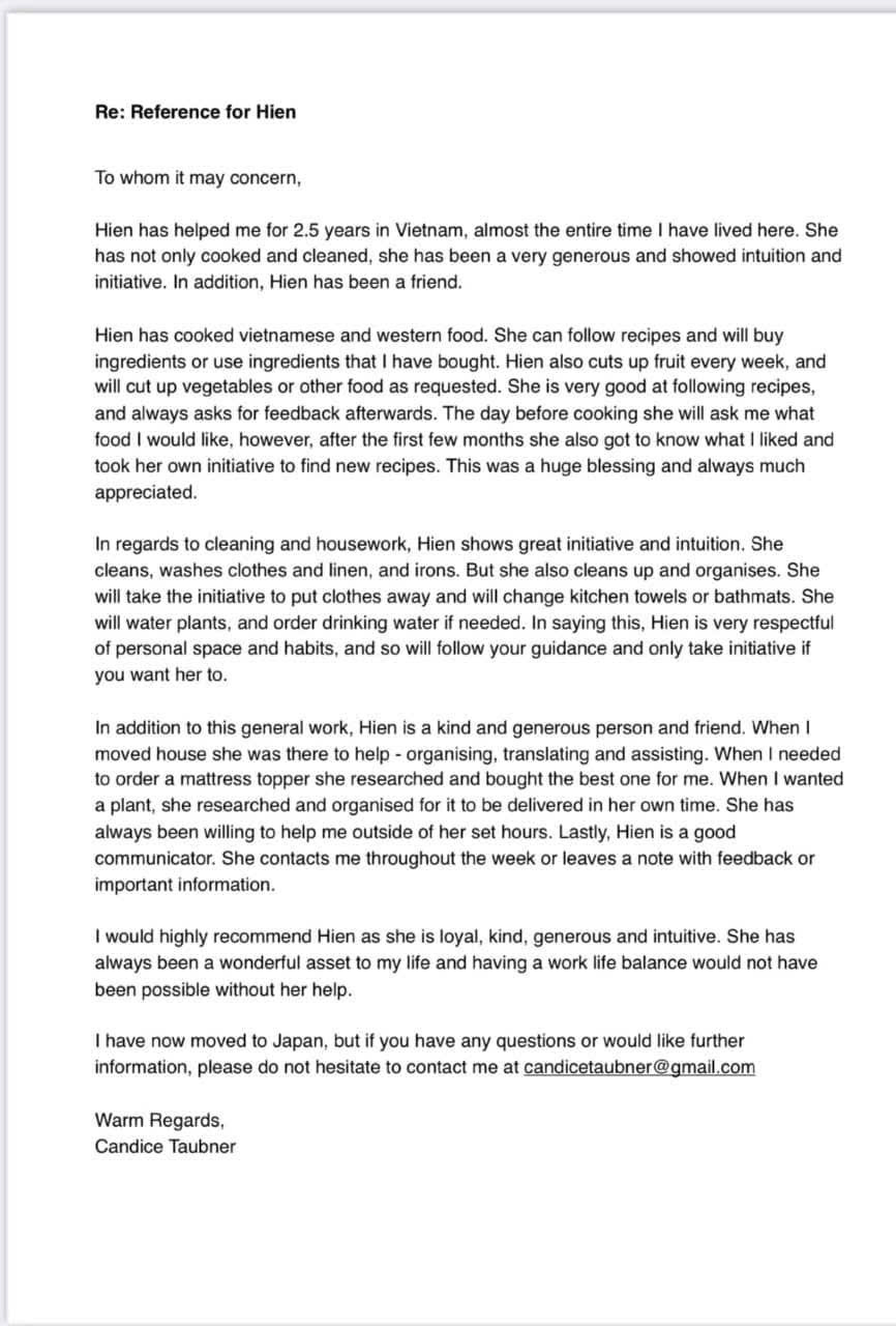 Client review and feedback for babysitter Anh Nguyen in Vietnam - A heartfelt reference from Candice Taubner highlighting excellent cooking, cleaning, and dedicated nanny support provided over 2.5 years in Ho Chi Minh City.