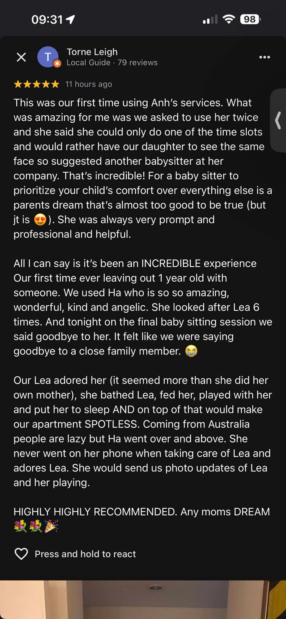 Client review and feedback for babysitter Anh Nguyen in Vietnam - Handwritten letters and sweet messages are the clearest proof of our dedication and professionalism. We are proud to provide the best childcare experience for international families in Vietnam. #ProfessionalNanny #ClientFeedback - Image 1
