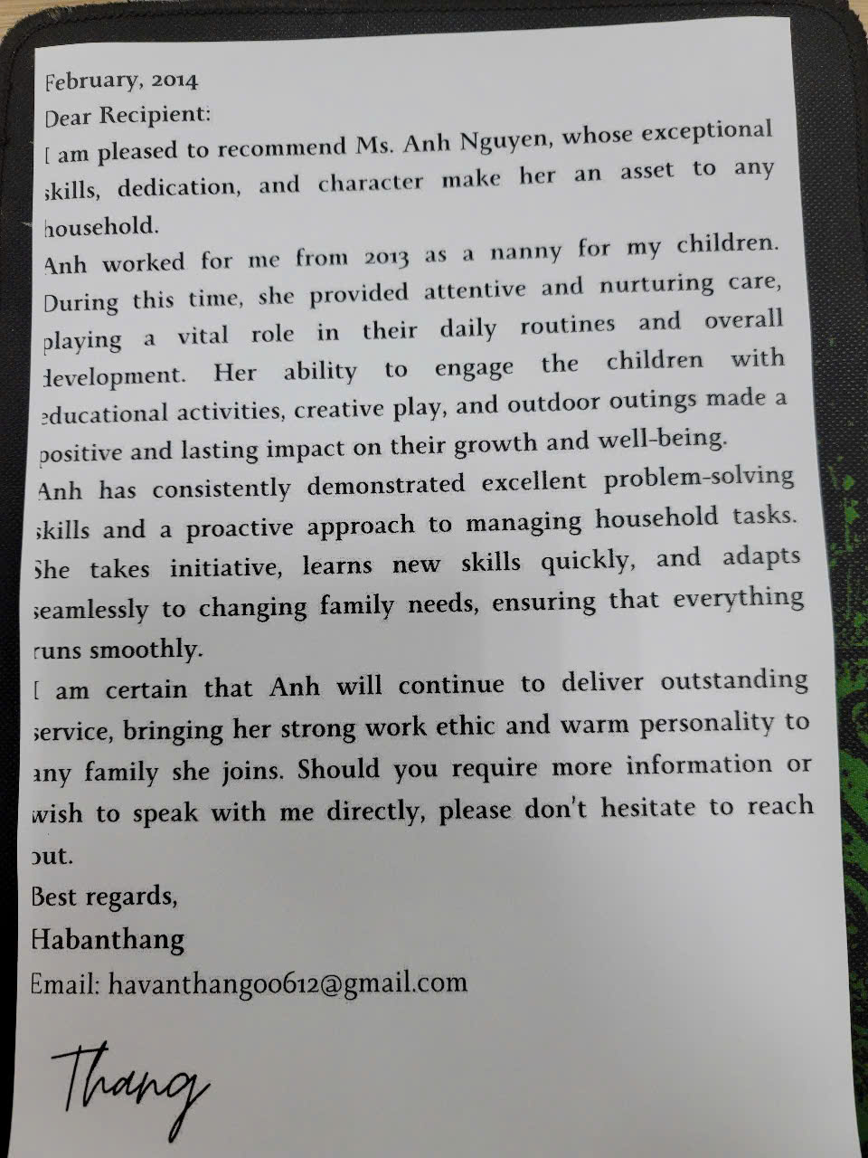 Client review and feedback for babysitter Anh Nguyen in Vietnam - A professional recommendation letter from Habanthang appreciating nanny Anh's proactive approach and nurturing childcare services provided in Ho Chi Minh City.
