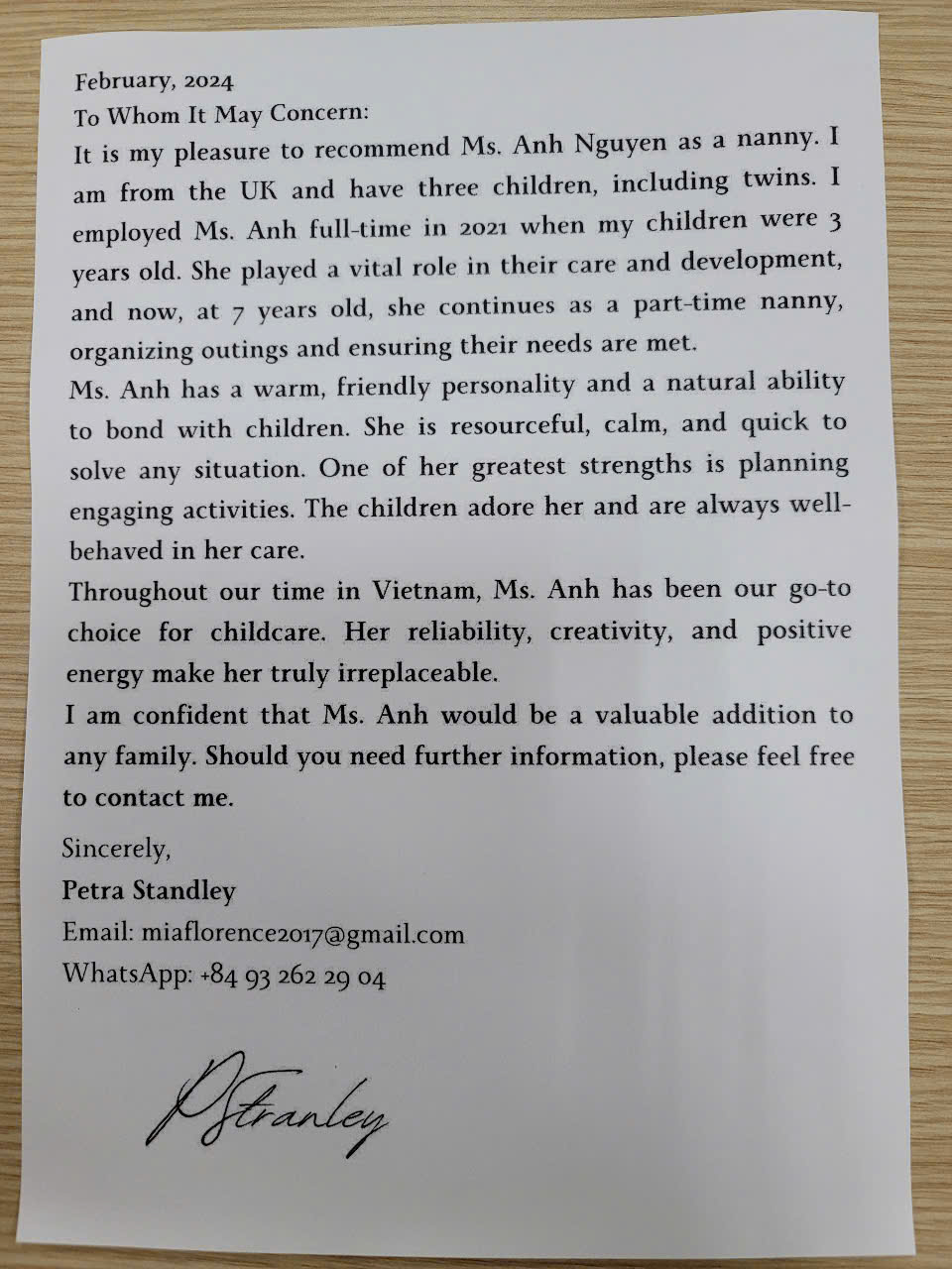 Client review and feedback for babysitter Anh Nguyen in Vietnam - A glowing recommendation from Petra Standley (UK) for babysitter Anh, detailing years of creative and reliable childcare for her three children in Ho Chi Minh City.