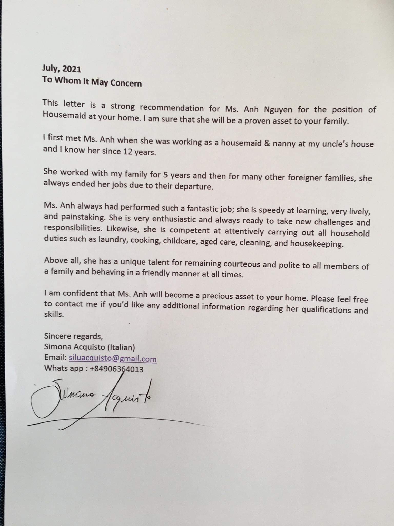 Client review and feedback for babysitter Anh Nguyen in Vietnam - A strong recommendation letter from Simona Acquisto (Italian) praising nanny Anh for her exceptional childcare and housekeeping services during their 5 years together in Ho Chi Minh City.